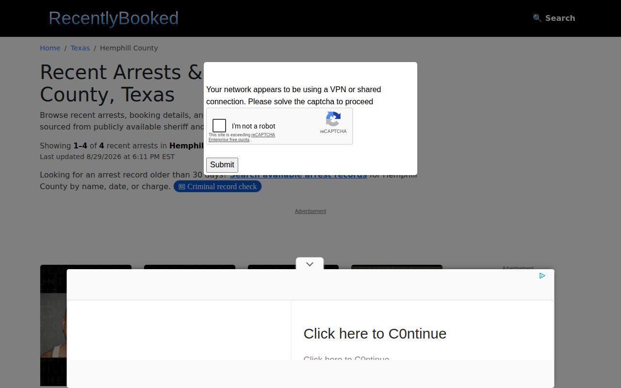 Hemphill County third-party recent booking record source