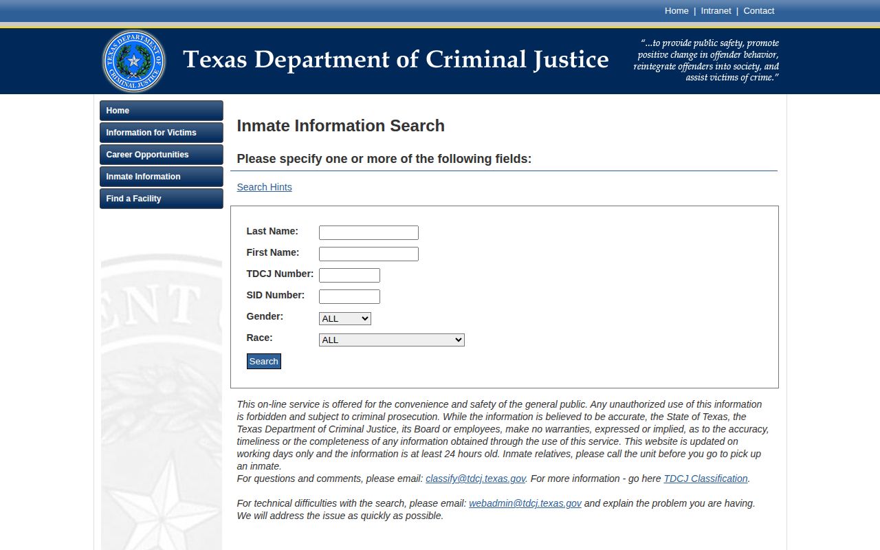 Hemphill County state custody record search through the TDCJ inmate locator
