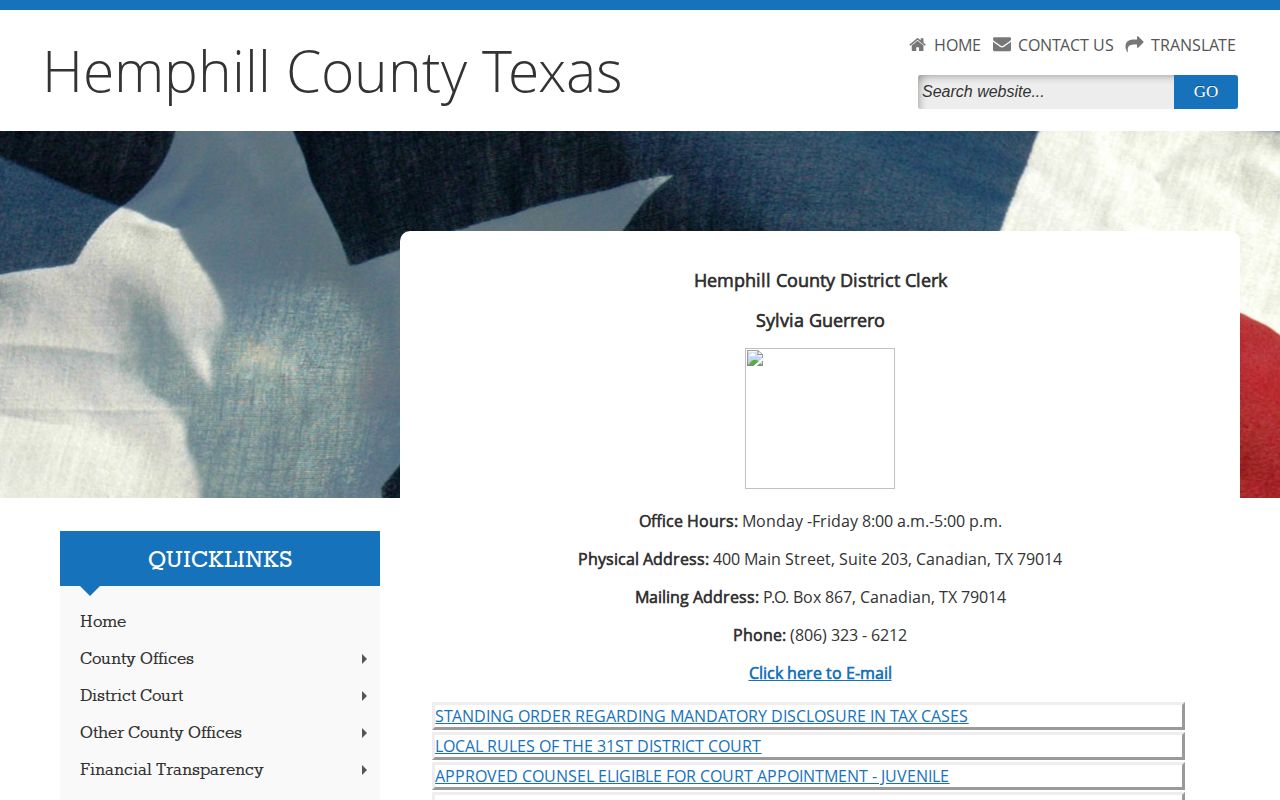 Hemphill County District Clerk warrant record contact page